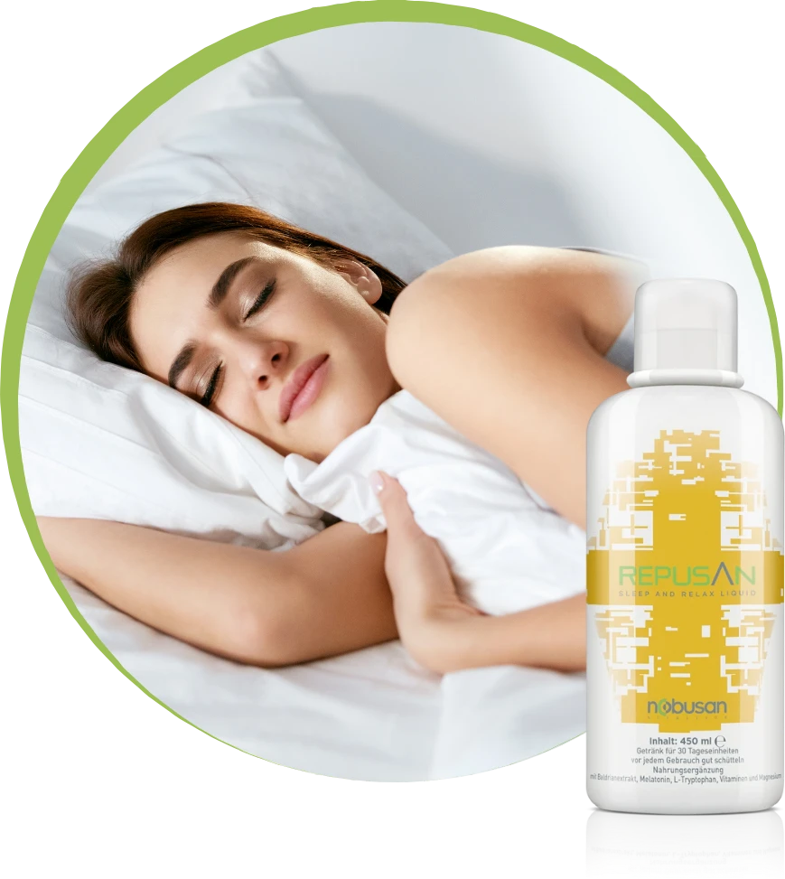 REPUSAN ist ein Sleep und Relax Liquid von Nebusan, durch Baldrianextrakt, Melatonin, L-Tryptophan, Vitaminen und Magnesium kann es schlafprobleme lösen